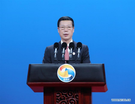 Chinese Vice Premier Zhang Gaoli addresses a high-level dialogue of the Belt and Road Forum (BRF) for International Cooperation in Beijing, capital of China, May 14, 2017. (Xinhua/Wang Ye)