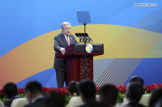 UN Secretary-General Antonio Guterres addresses the opening ceremony of the Belt and Road Forum for International Cooperation in Beijing, capital of China, May 14, 2017. (Xinhua/Pang Xinglei)