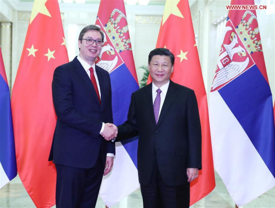 Chinese President Xi Jinping meets with Aleksandar Vucic, Serbia's prime minister and president-elect, who attended the Belt and Road Forum for International Cooperation on Sunday and Monday, in Beijing, capital of China, May 16, 2017. (Xinhua/Xie Huanchi)