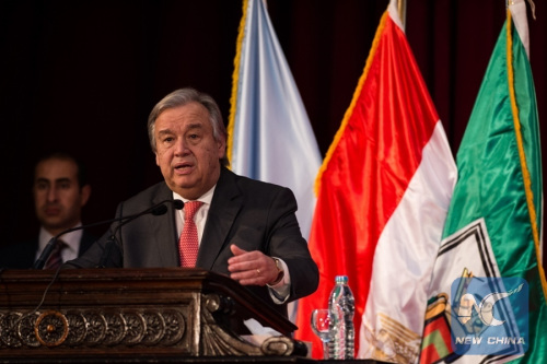 UN Secretary-General Antonio Guterres (front) gives a lecture entitled Facing Global Challenges: Finding Hope in Youth at Cairo University in Cairo, Egypt, on Feb. 15, 2017. (Xinhua/Meng Tao)