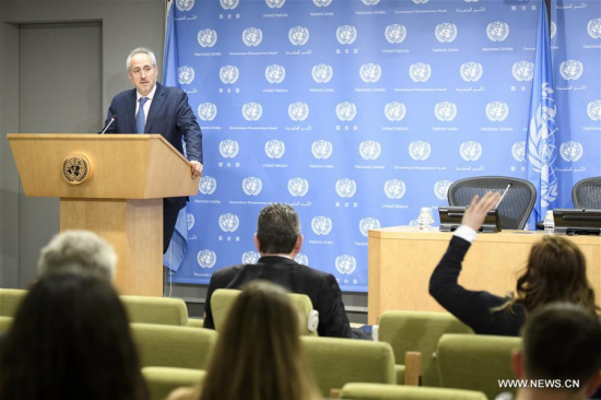 Stephane Dujarric, spokesperson for UN Secretary-General, takes questions from journalists at the UN headquarters in New York, on June 1, 2017. (Xinhua/UN Photo/Manuel Elias)