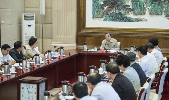 Yu Zhengsheng, chairman of the National Committee of the Chinese People's Political Consultative Conference, hosts a symposium attended by representatives of non-Communist parties and those without party affiliation, in Beijing, capital of China, June 1, 2017. (Xinhua/Li Tao)