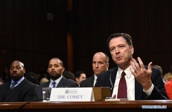 Former Director of Federal Bureau of Investigations James Comey speaks during a Senate Intelligence Committee hearing on Capitol Hill, in Washington D.C., theUnited States, on June 8, 2017. (Xinhua/Yin Bogu)