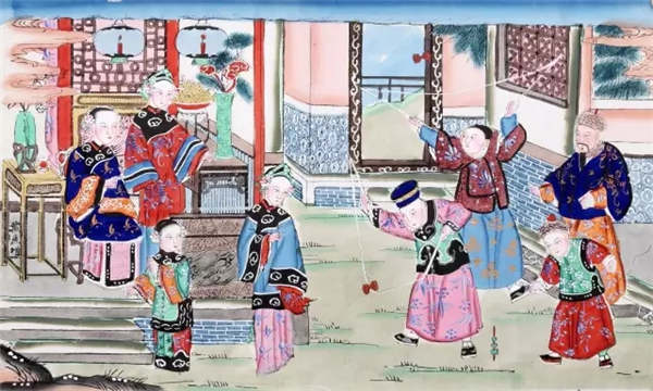 The New Year painting from Qing Dynasty depicts people playing diabolo. Collected by the Capital Museum.