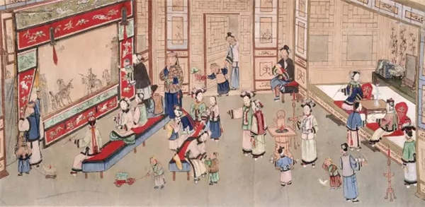 The painting from the Qing Dynasty depicts people watching a shadow play indoors.