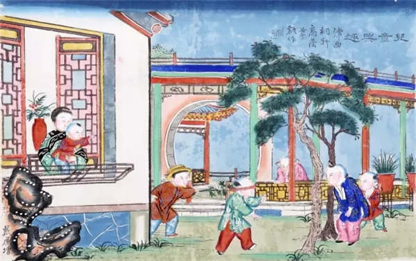 The New Year painting from the Qing Dynasty depicts children playing hide-and-seek. Collected by the Capital Museum.