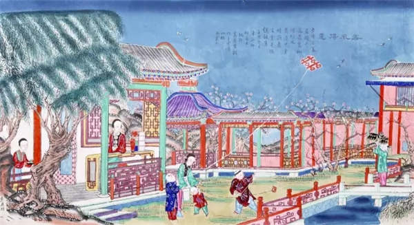 A Yangliuqing New Year painting from the Qing Dynasty depicts children flying kites in the garden. Collected by the Capital Museum.