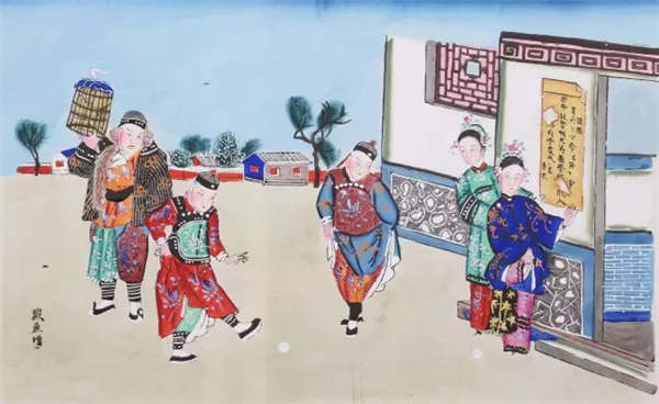 The New Year painting from Qing Dynasty depicts people kicking stone balls in the yard. Collected by the Capital Museum.