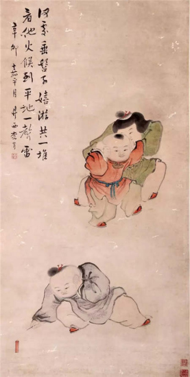 The painting from Qing Dynasty depicts children playing with firecrackers. Collected by the Capital Museum.