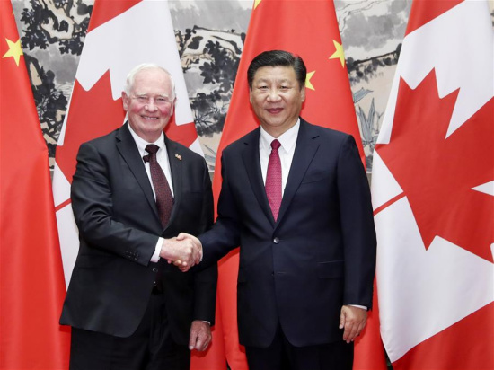 Chinese President Xi Jinping meets with Canadian Governor General David Johnston in Beijing, capital of China, July 13, 2017. (Xinhua/Ding Lin)