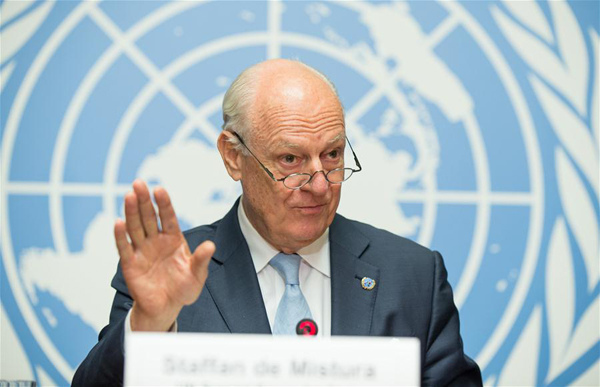 The UN Special Envoy for Syria Staffan de Mistura speaks at a press conference at Palais des Nations in Geneva, Switzerland, on July 14, 2017. The UN Special Envoy for Syria Staffan de Mistura said on Friday night that the latest round of the UN-led peace talks on Syria concluded with incremental progress but without breakthrough. (Xinhua/POOL/Xu Jinquan)