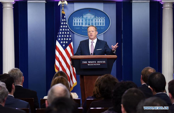 White House spokesman Sean Spicer speaks during his first official news briefing at the White House in Washington D.C., the United States, Jan. 23, 2017. The White House said Monday that the newly inaugurated U.S. President Donald Trump is open to conducting joint strikes with Russia on Islamic State (IS) terrorists. (Xinhua/Yin Bogu)