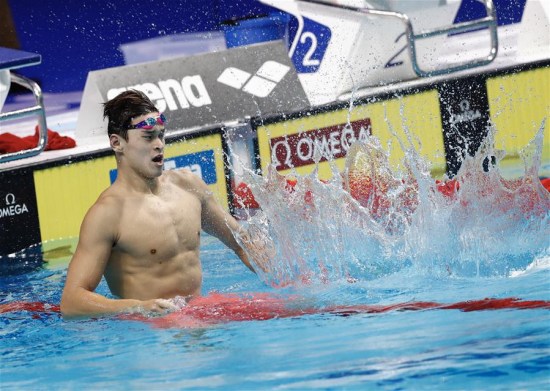 China's Sun Yang celebrates after the Men's 200m Freestyle final of swimming at the 17th FINA World Championships in Budapest, Hungary on July 25, 2017. Sun Yang won the gold medal with 1 minute and 44.39 seconds. (Xinhua/Ding Xu)