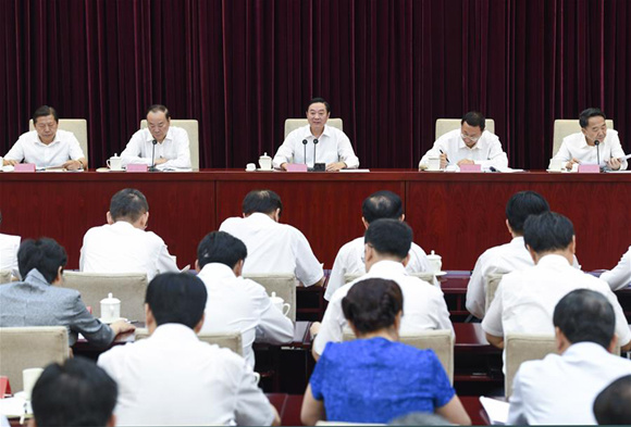 Liu Qibao (C, rear), head of the Publicity Department of the Central Committee of the Communist Party of China (CPC), speaks at a conference, urging cadres to carefully study President Xi Jinping's latest speech and think and act in unison to prepare for the upcoming national congress of the CPC, in Beijing, capital of China, July 28, 2017. (Xinhua/Zhang Ling)