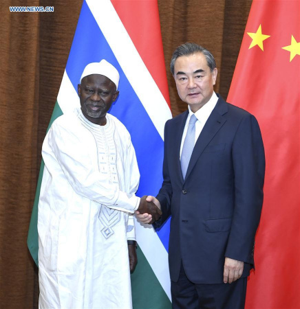 Chinese Foreign Minister Wang Yi holds talks with visiting Gambian Foreign Minister Ousainou Darboe in Beijing, capital of China, Aug. 1, 2017. (Xinhua/Zhang Ling)