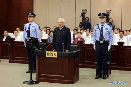 Wang Min, former Communist Party of China chief of northeast China's Liaoning Province and senior national legislator, is given a life sentence for embezzlement, accepting bribes and dereliction of duty by the Intermediate People's Court of Luoyang City in central China's Henan Province, Aug. 4, 2017. (Photo/Xinhua)