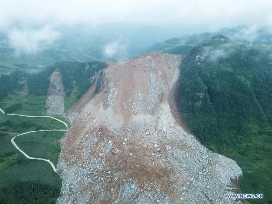 Photo taken on Aug. 28, 2018 shows the site of the landslide in Zhangjiawan Township of Nayong County in southwest China's Guizhou Province.  (Xinhua/Tao Liang)