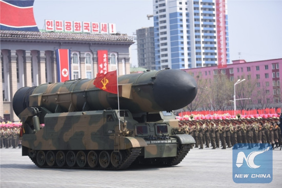 Missile force of Korean People's Army attend a military parade in central Pyongyang, April 15, 2017. (Xinhua/Cheng Dayu)