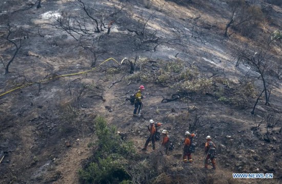 Firefighters douse hot spots from a wildfire in the Sunland-Tujunga of Los Angeles, the United States, on Sept. 4, 2017. More than 1,000 firefighters worked for the fourth day to put out a 7,000-acre wildfire, with 30 percent containment, according to the Los Angeles Fire Department. (Xinhua/Zhao Hanrong)