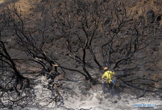 A firefighter douses hot spots from a wildfire in the Sunland-Tujunga of Los Angeles, the United States, on Sept. 4, 2017.  (Xinhua/Zhao Hanrong)