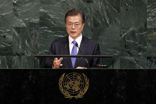 South Korean President Moon Jae-in speaks during the General Debate of the 72nd session of the United Nations General Assembly, at the UN headquarters in New York, Sept. 21, 2017. (Xinhua/Li Muzi)