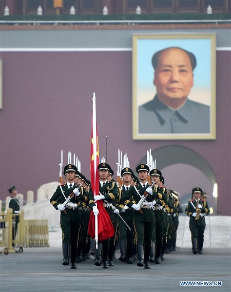 A national flag-raising ceremony is held at the Tian'anmen Square in Beijing, capital of China, Oct. 1, 2017. People from across the country gathered at the square to watch the national flag-raising ceremony on the morning, marking the 68th anniversary of the founding of the People's Republic of China. (Xinhua/Luo Xiaoguang)