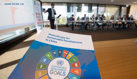 Photo taken on Oct. 13, 2017 shows the launching ceremony of the Philanthropy for SDGs in China report in Geneva, Switzerland. Philanthropy in China has grown into a sector that has been really contributing a lot to achieving UN Sustainable Development Goals (SDGs), thanks to the fast development of both Chinese economy and society, UN Development Program (UNDP) China Director Agi Veres said on Friday. (Xinhua/Xu Jinquan)