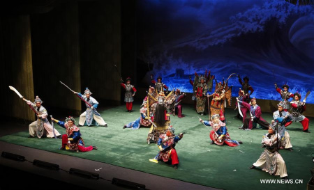 Members of the Chinese National Peking Opera Company stage a performance at the Sadler's Wells Theatre in London, Britain, Oct. 21, 2017, as a celebration for the 45th anniversary of the establishment of the China-Britain diplomatic relations at the ambassadorial level. (Xinhua/Han Yan)