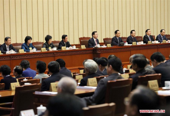 The 30th session of the 12th National People's Congress (NPC) Standing Committee concludes at the Great Hall of the People in Beijing, capital of China, Nov. 4, 2017. Zhang Dejiang, chairman of the NPC Standing Committee, presided over the closing meeting, as well as a meeting attended by the chairman and vice chairpersons beforehand. (Xinhua/Liu Weibing)