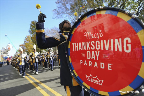 A drummer performs during the 2017 Macy's Thanksgiving Day Parade in New York, the United States, on Nov. 23, 2017. (Xinhua/Wang Ying)