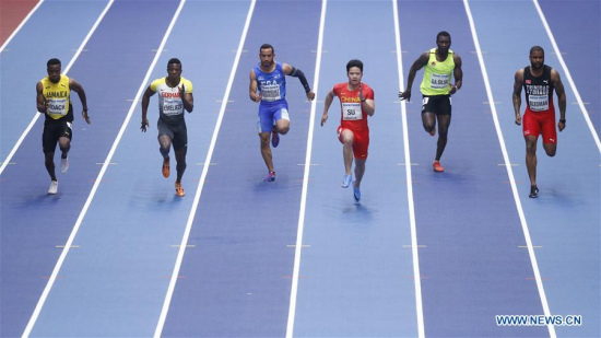 Su Bingtian (3rd R) of China competes in the men's 60 metres heats during the IAAF World Indoor Championships at Arena Birmingham in Birmingham, Britain, on March 3, 2018. (Xinhua/Han Yan)