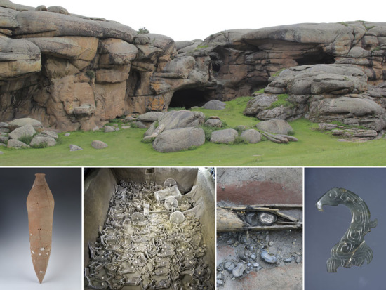 (Clockwise) Tongtiandong Paleothic site in Jeminay, Xinjiang Uygur autonomous region. A jade phoenix found at the Yaoheyuan site, Ningxia Hui autonomous region. A hoard used in silver transportation found at an ancient battlefield in Meishan, Sichuan province. Horse skeletons and chariots found in Xinzheng, Henan province. A bottle found at the Yangguanzhai site in Xi'an, Shaanxi Province. (Photo provided to China Daily)