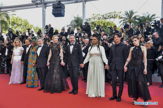 Cate Blanchett (5th L, Front), the jury's president, and jury members attend the screening of Everybody Knows and the opening gala of the 71st Cannes International Film Festival at Palais des Festivals in Cannes, France, on May 8, 2018. (Xinhua/Chen Yichen)