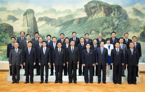 Xi Jinping (C, front), general secretary of the Central Committee of the Communist Party of China (CPC) and Chinese president, meets with a friendship visiting group of the Workers' Party of Korea (WPK) of the Democratic People's Republic of Korea led by Pak Thae Song, member of the Political Bureau and vice-chairman of the WPK Central Committee, in Beijing, capital of China, May 16, 2018. (Xinhua/Li Xueren)