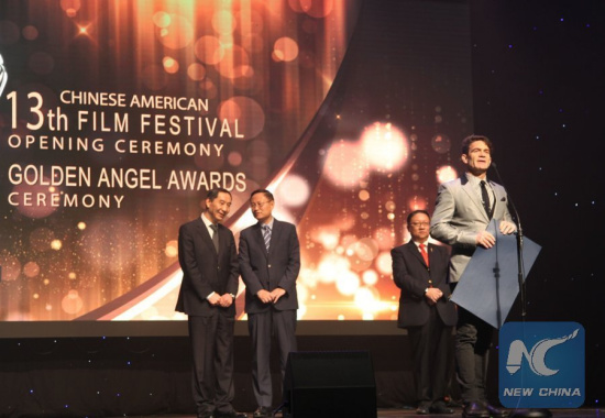 Stu Levy (front), who chairs the International Committee of Producers Guild of America (PGA), addresses the opening ceremony of the 13th Chinese American Film Festival (CAFF), in Los Angeles, the United States, Nov. 1, 2017. (Xinhua/Gao Shan)