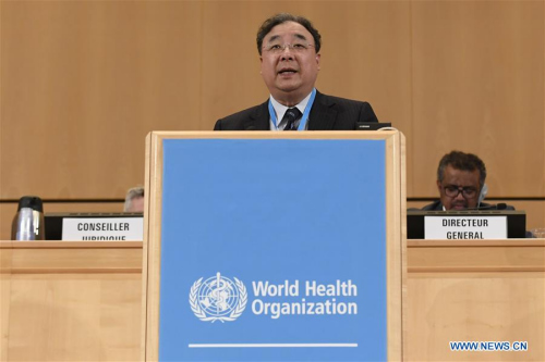 Ma Xiaowei (Front), minister of China's National Health Commission, speaks at the 71st World Health Assembly in Geneva, Switzerland, on May 21, 2018. (Xinhua/Alain Grosclaude)