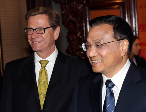 Vice-Premier Li Keqiang meets visiting German Foreign Minister Guido Westerwelle on Thursday in Beijing. Wu Zhiyi / China Daily