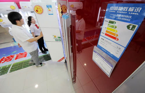 A shopper inspects energy-efficient refrigerators at a department store in Zaozhuang, Shandong province. According to a survey, 87 percent of Chinese respondents said they would be willing to pay more for greener products. [Photo/China Daily]