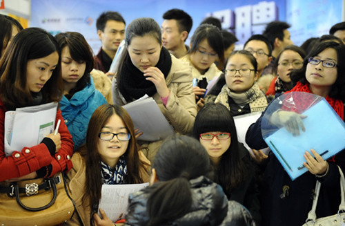 College graduates attend a job fair held at New International Convention & Exposition Center of Chengdu Century City in December. More than 800 companies and institutions provided more than 22,000 job opportunities at the fair. [Photo/Xinhua]