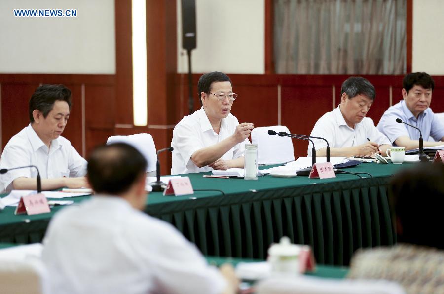 Chinese Vice Premier Zhang Gaoli (3rd R.) presides over an economic conference in Chengdu, capital of southwest China's Sichuan Province, July 6, 2013. Zhang made a research tour in Sichuan from July 5 to July 8. (Xinhua/Ding Lin) 