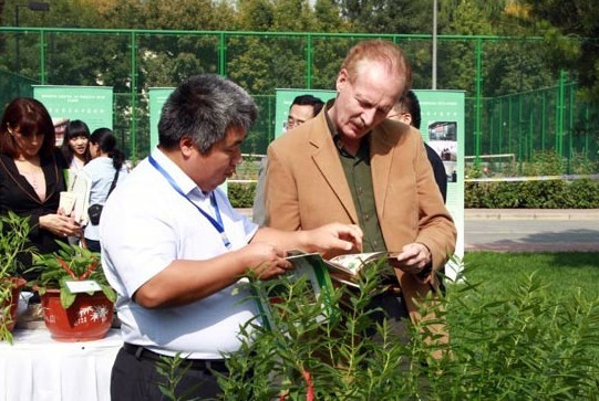 A TCM expert explains the efficacy of Chinese herbs to a guest at a Traditional Chinese Medicine (TCM) cultural event for diplomats at Qijiayuan Diplomatic Residence Compound of Beijing's Chaoyang district, on October 12, 2013. [Photo / chinadaily.com.cn]