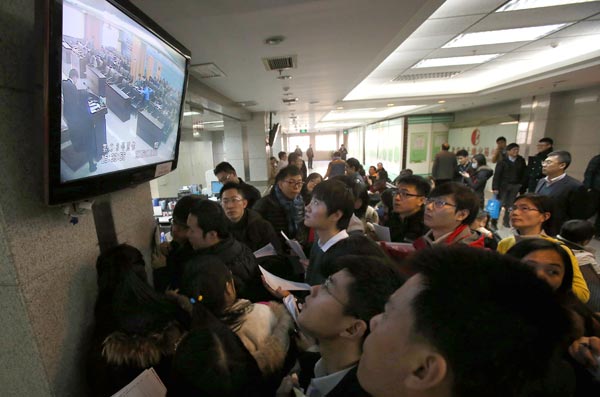 Representatives of real estate developers watch a land auction through closed circuit TV in Beijing on Monday. In 2014, the Beijing government raked in 191.7 billion yuan from land sales, up 5 percent yearonyear. WANG GUIBIN / FOR CHINA DAILY  