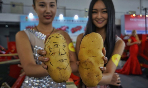 A king size pancake made of potatoes is ready to be served on a plate, while models show off giant painted potatoes at the Beijing World Potato Congress last month. (Zhang Wei/China Daily)