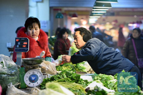 A resident purchases vegetable at a market in Zhengzhou, capital of central China's Henan Province, Dec. 9, 2015. (Photo: Xinhua/Li Bo)