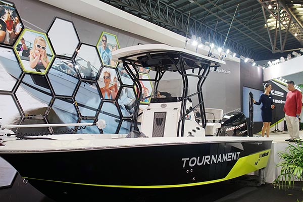 A yacht is displayed at the 21st China (Shanghai) International Boat Show, April 7, 2016.