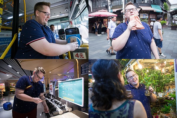 Clockwise from top left: He buys a bus ticket using Alipay, enjoys a snack paid for with an app, rents an umbrella at Hangzhou East Railway Station, and buys a bouquet of flowers at Wushan Flower and Fish Market. (Photo/China Daily)