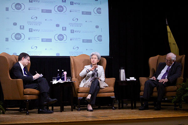 Fu Ying, chairwoman of the Foreign Affairs Committee of the National People's Congress, attends the China-US forum on Thursday held by New York University and the China-US Exchange Foundation at the NYU Law School. Hezi Jiang / China Daily