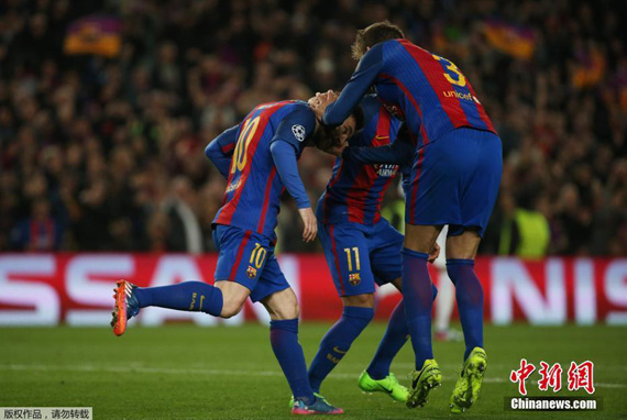 Players of FC Barcelona celebrate after scoring a goal at Euro Premium. (Photo/Agencies)