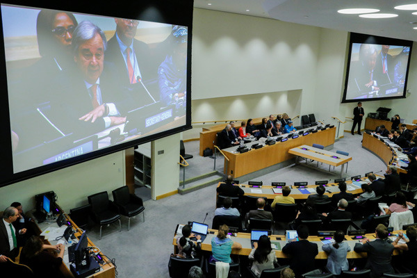 United Nations Secretary General Antonio Guterres is seen on a screen as he speaks during the Financing the 2030 Agenda, 'The Role of the United Nations' at the UN Headquarters in New York, Sept 18, 2017. (Photo/Xinhua)