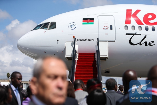 Photo taken on Nov. 4, 2013 shows a new Boeing 777-300ER flight Maasai Mara of Kenya Airways at the Jomo Kenyatta International Airport in Nairobi, capital of Kenya. (Xinhua/Meng Chenguang)